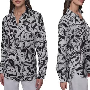 Karl Lagerfeld Paris Women's Motif-print Oversized Button-front Top