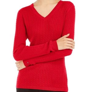 Tommy Hilfiger Women's Classic Fit Solid Cable V-Neck Sweater Pullover