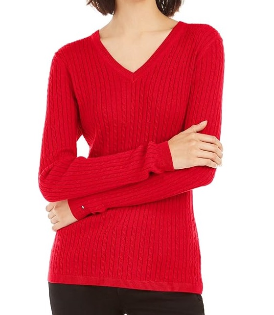 Tommy Hilfiger Women's Classic Fit Solid Cable V-Neck Sweater Pullover