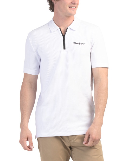 KARL LAGERFELD PARIS Ribbed Zip Polo With Signature Logo